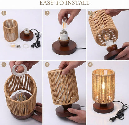 Small Rattan Table Lamp for Bedroom, Boho Bedside Lamp with Warm LED Bulb, Handwoven Wicker Nightstand Lamp for Nursery, Entryway & Dorm, Mini Ambient Night Light with Wood Base (8.6" Tall)