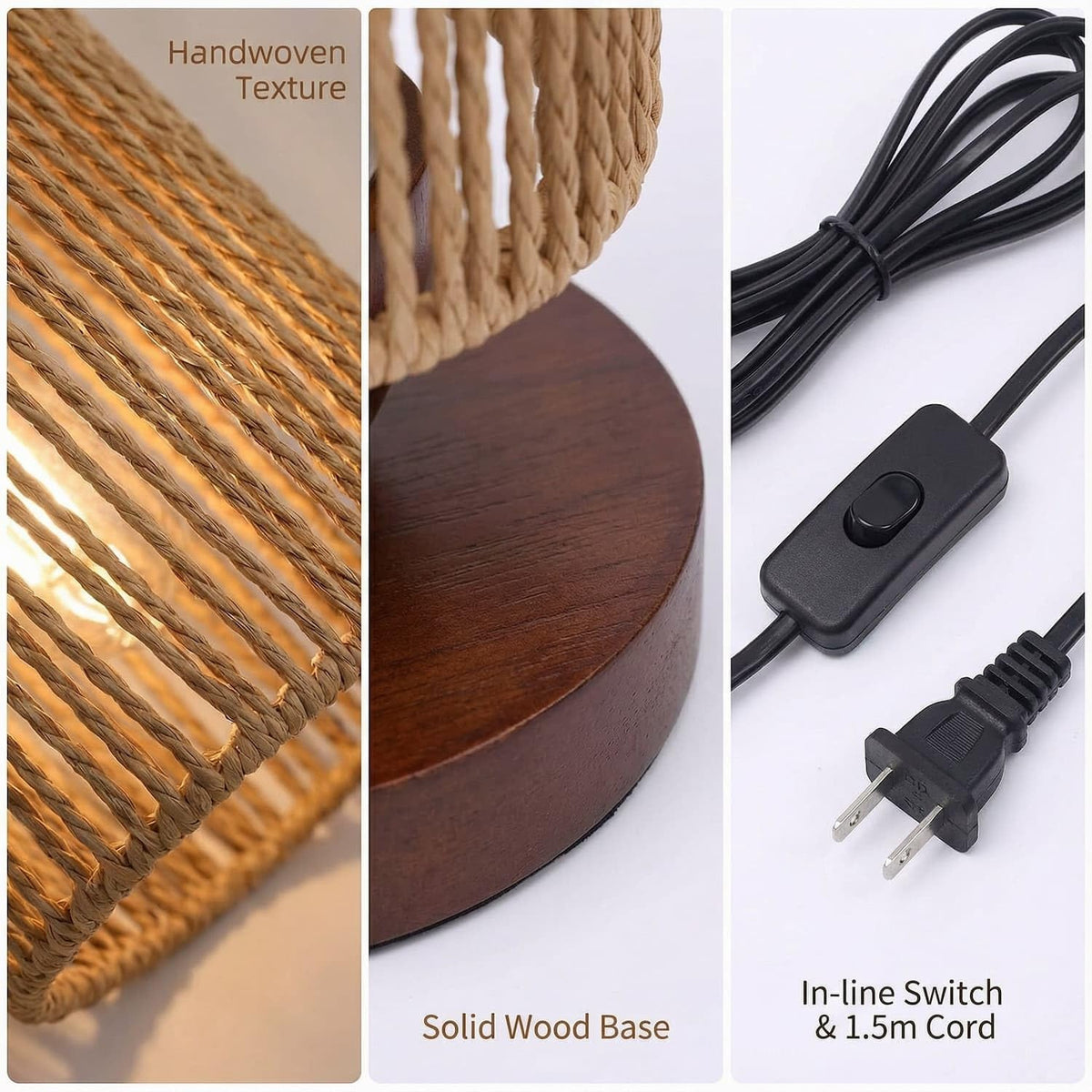 Small Rattan Table Lamp for Bedroom, Boho Bedside Lamp with Warm LED Bulb, Handwoven Wicker Nightstand Lamp for Nursery, Entryway & Dorm, Mini Ambient Night Light with Wood Base (8.6" Tall)