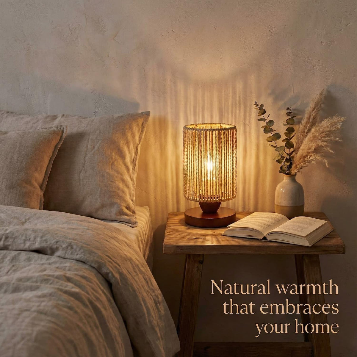 Small Rattan Table Lamp for Bedroom, Boho Bedside Lamp with Warm LED Bulb, Handwoven Wicker Nightstand Lamp for Nursery, Entryway & Dorm, Mini Ambient Night Light with Wood Base (8.6" Tall)
