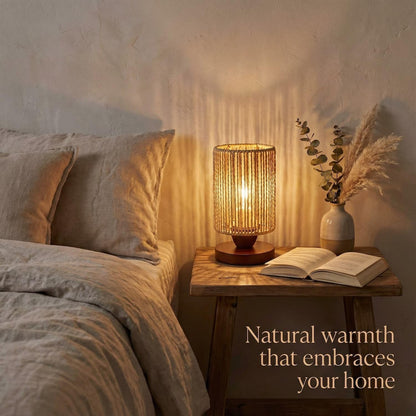 Small Rattan Table Lamp for Bedroom, Boho Bedside Lamp with Warm LED Bulb, Handwoven Wicker Nightstand Lamp for Nursery, Entryway & Dorm, Mini Ambient Night Light with Wood Base (8.6" Tall)