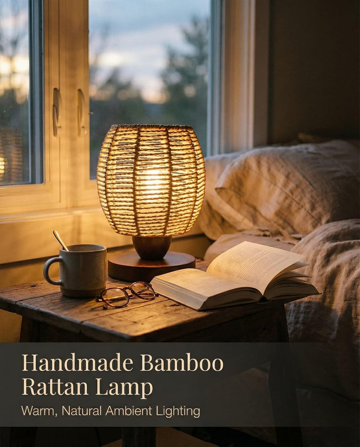 Small Rattan Table Lamp for Bedroom, Boho Bedside Lamp with Warm LED Bulb, Handwoven Wicker Nightstand Lamp for Nursery, Entryway & Dorm, Mini Ambient Night Light with Wood Base (8.6" Tall)