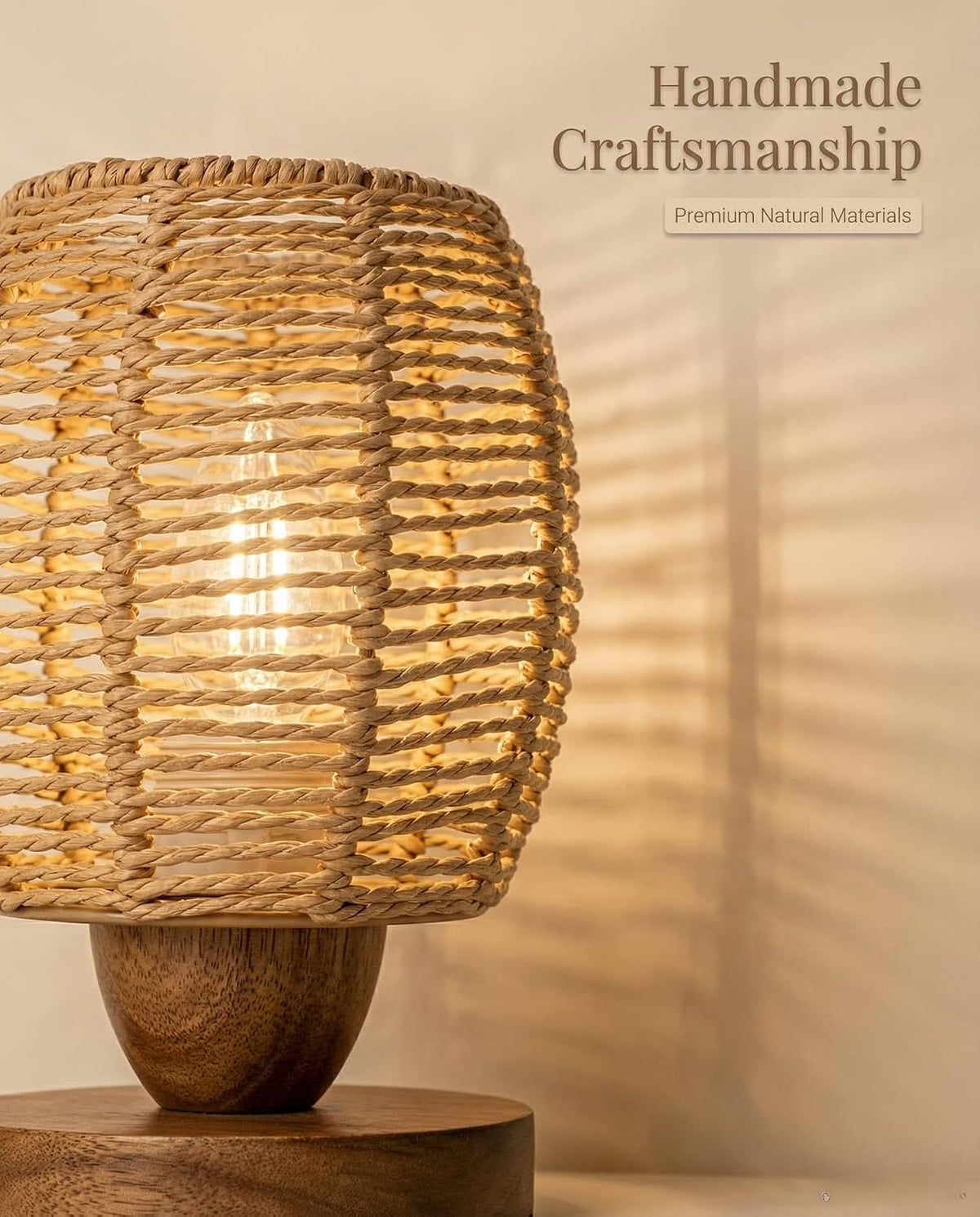 Small Rattan Table Lamp for Bedroom, Boho Bedside Lamp with Warm LED Bulb, Handwoven Wicker Nightstand Lamp for Nursery, Entryway & Dorm, Mini Ambient Night Light with Wood Base (8.6" Tall)