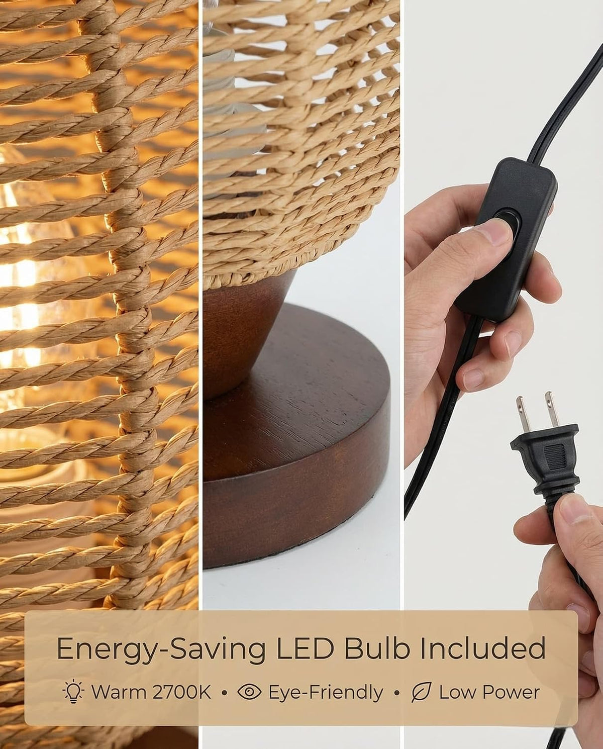 Small Rattan Table Lamp for Bedroom, Boho Bedside Lamp with Warm LED Bulb, Handwoven Wicker Nightstand Lamp for Nursery, Entryway & Dorm, Mini Ambient Night Light with Wood Base (8.6" Tall)