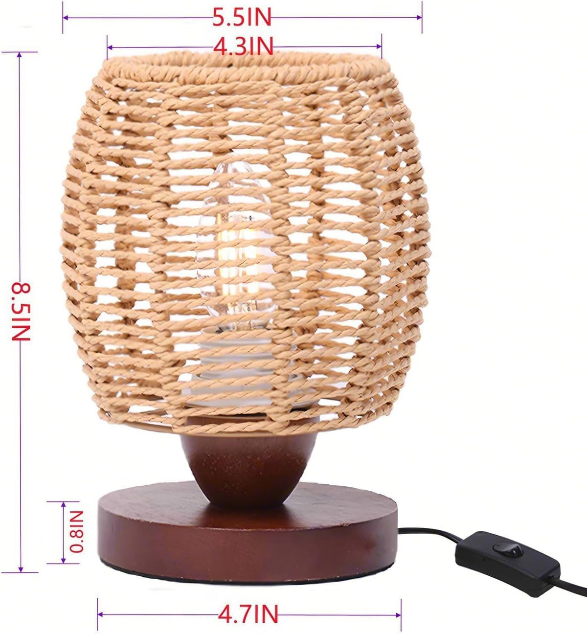 Small Rattan Table Lamp for Bedroom, Boho Bedside Lamp with Warm LED Bulb, Handwoven Wicker Nightstand Lamp for Nursery, Entryway & Dorm, Mini Ambient Night Light with Wood Base (8.6" Tall)