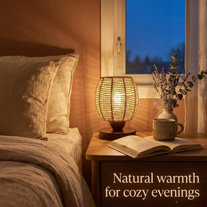 Small Rattan Table Lamp for Bedroom, Boho Bedside Lamp with Warm LED Bulb, Handwoven Wicker Nightstand Lamp for Nursery, Entryway & Dorm, Mini Ambient Night Light with Wood Base (8.6" Tall)