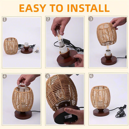Small Rattan Table Lamp for Bedroom, Boho Bedside Lamp with Warm LED Bulb, Handwoven Wicker Nightstand Lamp for Nursery, Entryway & Dorm, Mini Ambient Night Light with Wood Base (8.6" Tall)