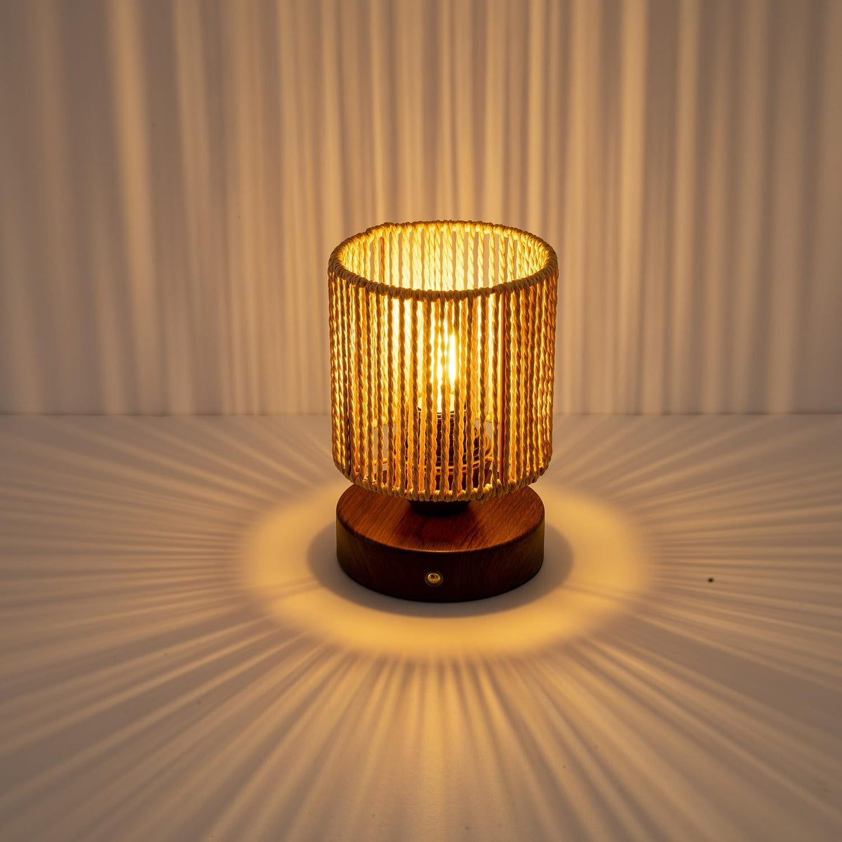 Small Rattan Table Lamp for Bedroom, Boho Bedside Lamp with Warm LED Bulb, Handwoven Wicker Nightstand Lamp for Nursery, Entryway & Dorm, Mini Ambient Night Light with Wood Base (8.6" Tall)