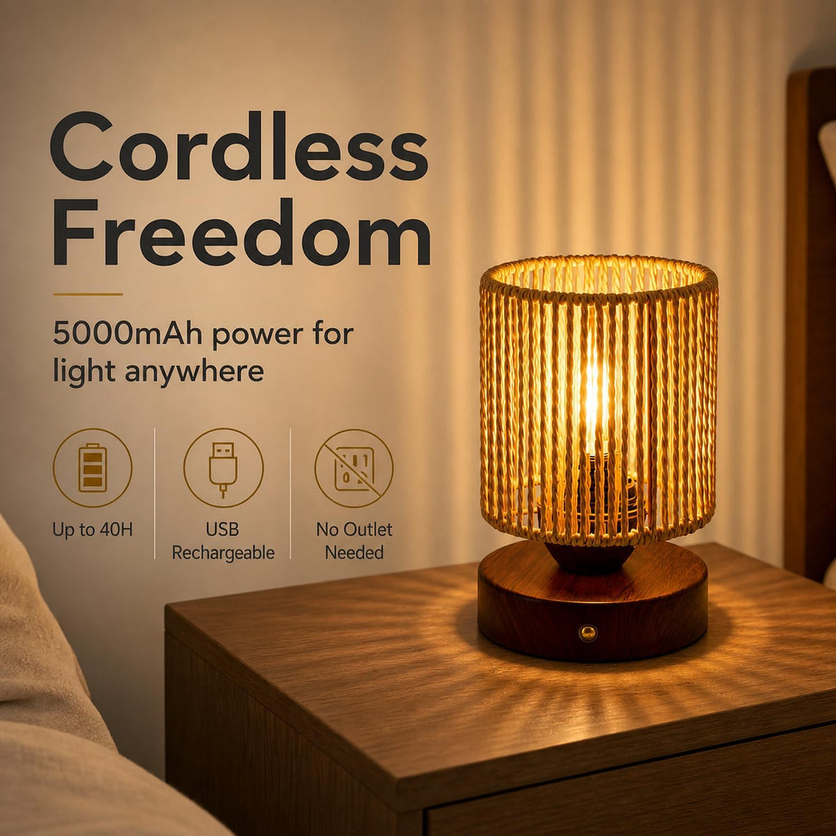 Small Rattan Table Lamp for Bedroom, Boho Bedside Lamp with Warm LED Bulb, Handwoven Wicker Nightstand Lamp for Nursery, Entryway & Dorm, Mini Ambient Night Light with Wood Base (8.6" Tall)