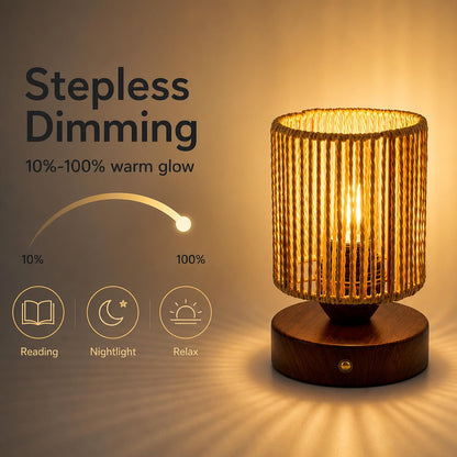 Small Rattan Table Lamp for Bedroom, Boho Bedside Lamp with Warm LED Bulb, Handwoven Wicker Nightstand Lamp for Nursery, Entryway & Dorm, Mini Ambient Night Light with Wood Base (8.6" Tall)