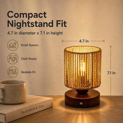 Small Rattan Table Lamp for Bedroom, Boho Bedside Lamp with Warm LED Bulb, Handwoven Wicker Nightstand Lamp for Nursery, Entryway & Dorm, Mini Ambient Night Light with Wood Base (8.6" Tall)