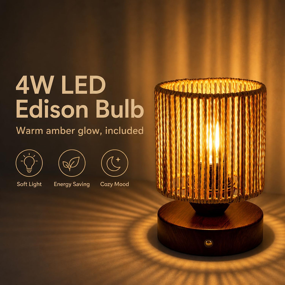 Small Rattan Table Lamp for Bedroom, Boho Bedside Lamp with Warm LED Bulb, Handwoven Wicker Nightstand Lamp for Nursery, Entryway & Dorm, Mini Ambient Night Light with Wood Base (8.6" Tall)