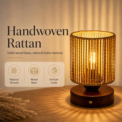 Small Rattan Table Lamp for Bedroom, Boho Bedside Lamp with Warm LED Bulb, Handwoven Wicker Nightstand Lamp for Nursery, Entryway & Dorm, Mini Ambient Night Light with Wood Base (8.6" Tall)