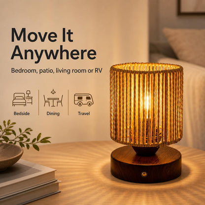 Small Rattan Table Lamp for Bedroom, Boho Bedside Lamp with Warm LED Bulb, Handwoven Wicker Nightstand Lamp for Nursery, Entryway & Dorm, Mini Ambient Night Light with Wood Base (8.6" Tall)