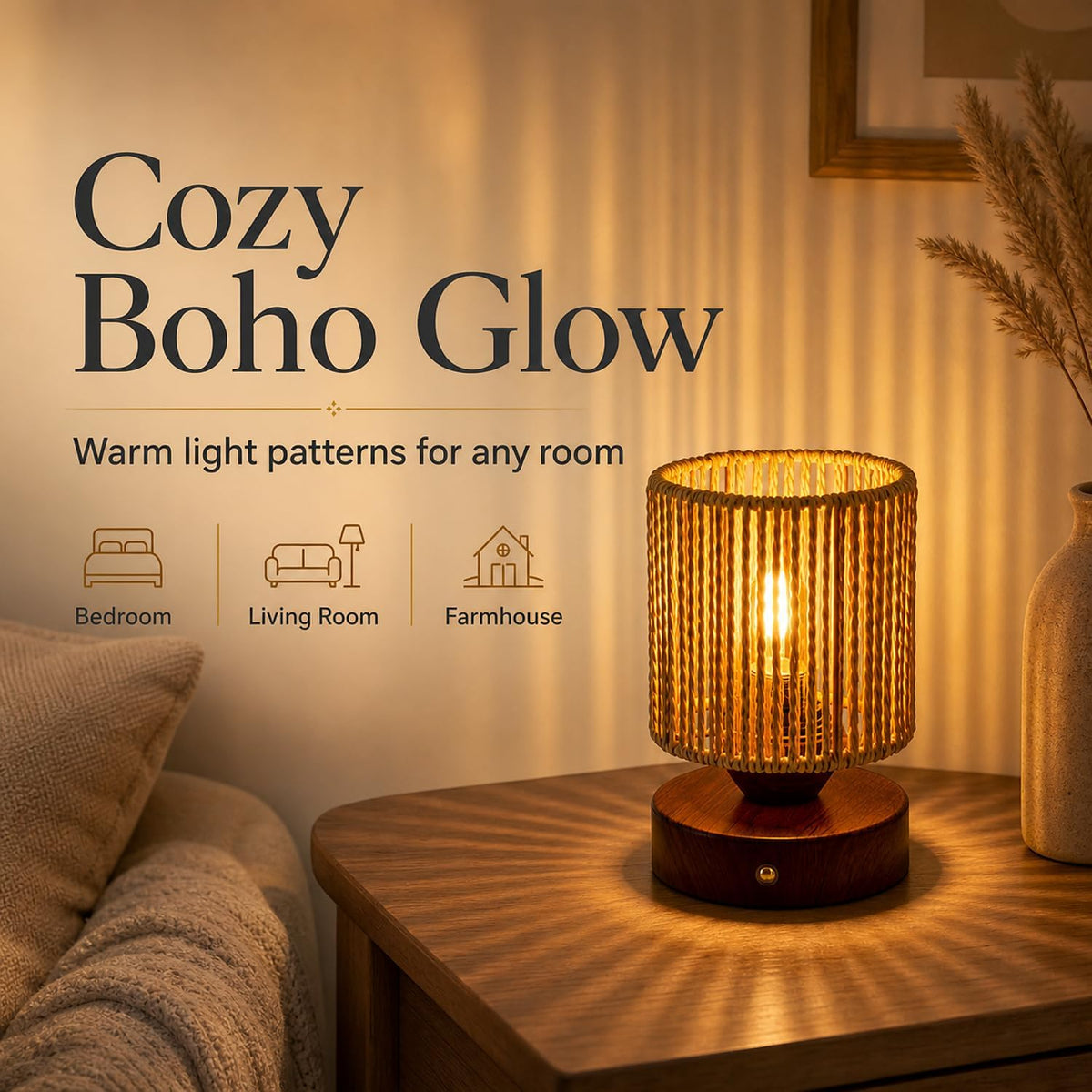 Small Rattan Table Lamp for Bedroom, Boho Bedside Lamp with Warm LED Bulb, Handwoven Wicker Nightstand Lamp for Nursery, Entryway & Dorm, Mini Ambient Night Light with Wood Base (8.6" Tall)