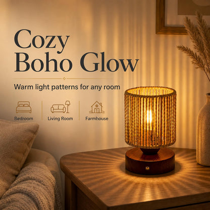 Small Rattan Table Lamp for Bedroom, Boho Bedside Lamp with Warm LED Bulb, Handwoven Wicker Nightstand Lamp for Nursery, Entryway & Dorm, Mini Ambient Night Light with Wood Base (8.6" Tall)