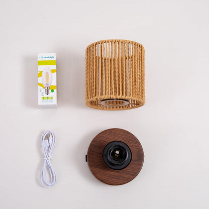 Small Rattan Table Lamp for Bedroom, Boho Bedside Lamp with Warm LED Bulb, Handwoven Wicker Nightstand Lamp for Nursery, Entryway & Dorm, Mini Ambient Night Light with Wood Base (8.6" Tall)