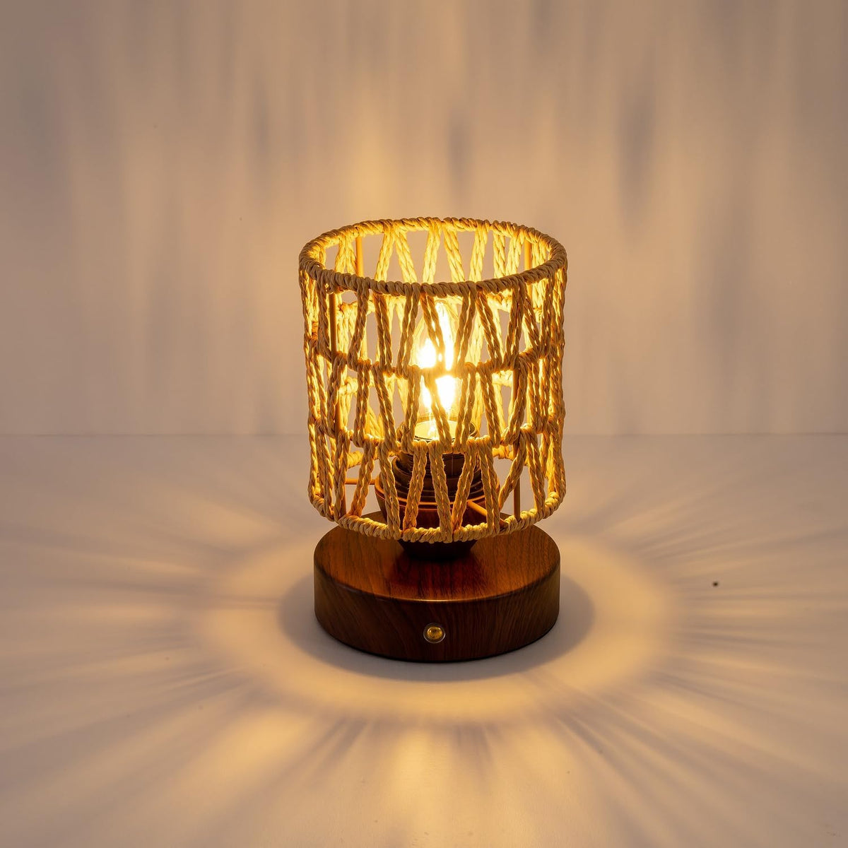 Small Rattan Table Lamp for Bedroom, Boho Bedside Lamp with Warm LED Bulb, Handwoven Wicker Nightstand Lamp for Nursery, Entryway & Dorm, Mini Ambient Night Light with Wood Base (8.6" Tall)