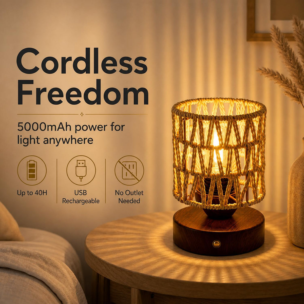 Small Rattan Table Lamp for Bedroom, Boho Bedside Lamp with Warm LED Bulb, Handwoven Wicker Nightstand Lamp for Nursery, Entryway & Dorm, Mini Ambient Night Light with Wood Base (8.6" Tall)