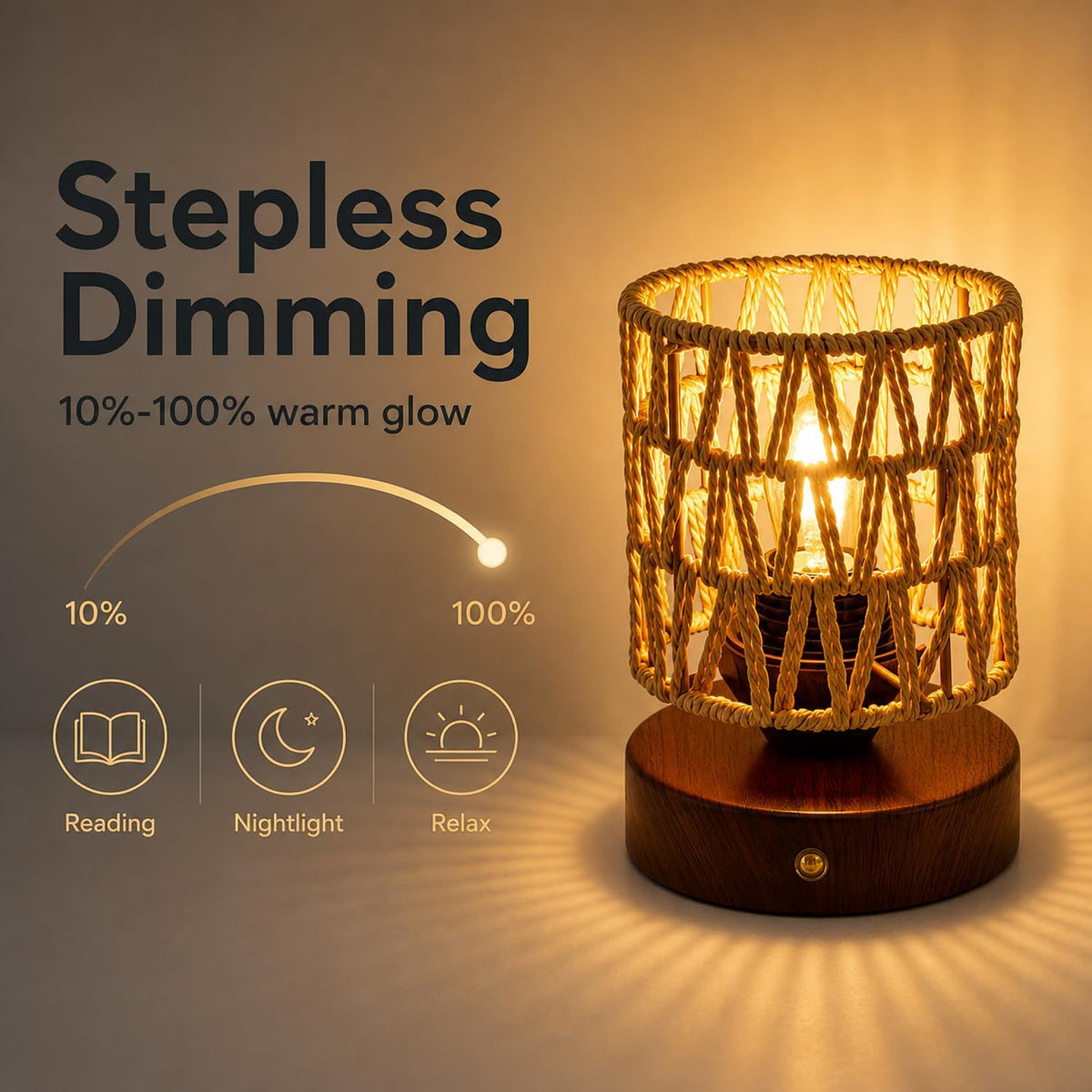 Small Rattan Table Lamp for Bedroom, Boho Bedside Lamp with Warm LED Bulb, Handwoven Wicker Nightstand Lamp for Nursery, Entryway & Dorm, Mini Ambient Night Light with Wood Base (8.6" Tall)