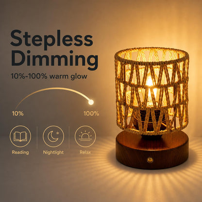 Small Rattan Table Lamp for Bedroom, Boho Bedside Lamp with Warm LED Bulb, Handwoven Wicker Nightstand Lamp for Nursery, Entryway & Dorm, Mini Ambient Night Light with Wood Base (8.6" Tall)