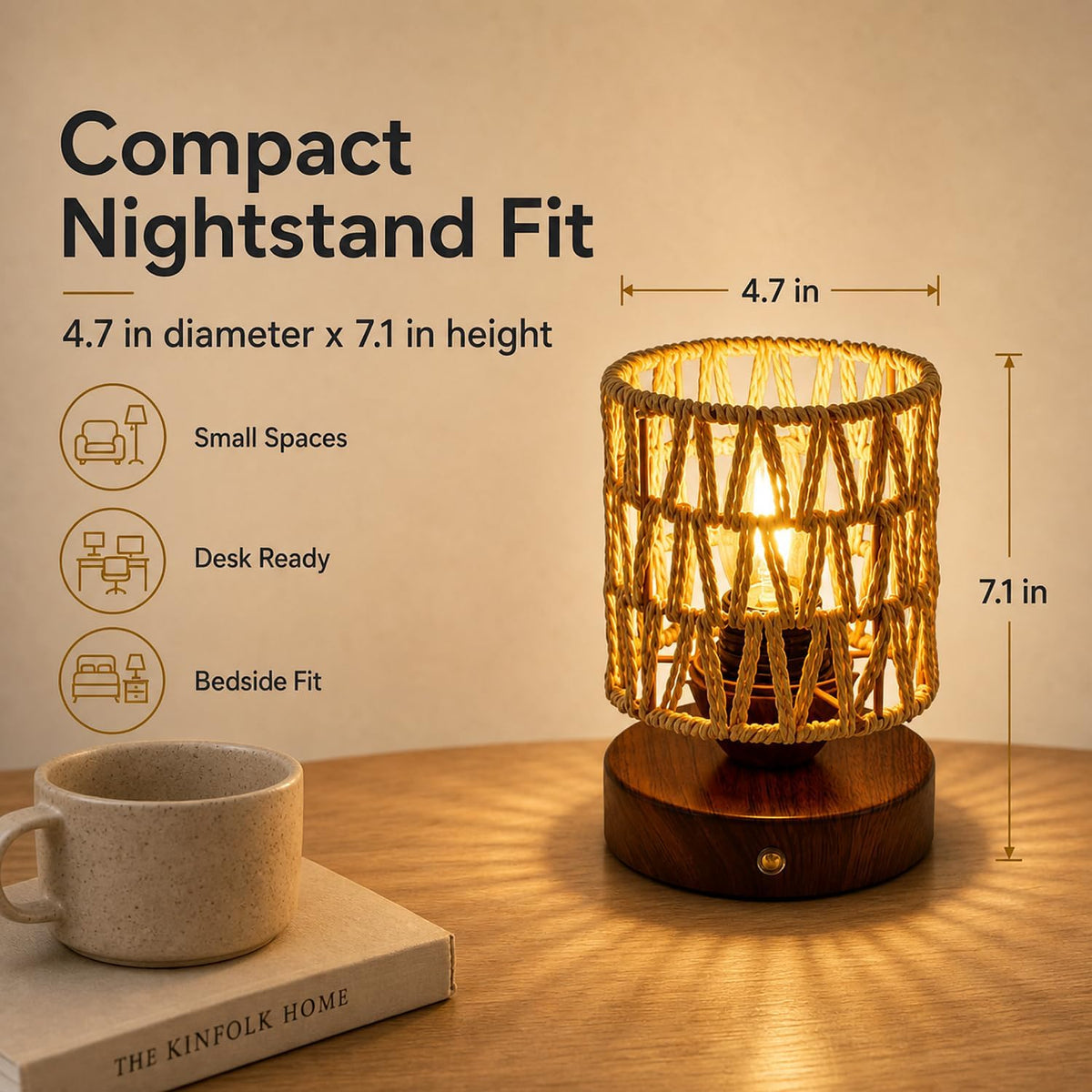 Small Rattan Table Lamp for Bedroom, Boho Bedside Lamp with Warm LED Bulb, Handwoven Wicker Nightstand Lamp for Nursery, Entryway & Dorm, Mini Ambient Night Light with Wood Base (8.6" Tall)