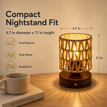 Small Rattan Table Lamp for Bedroom, Boho Bedside Lamp with Warm LED Bulb, Handwoven Wicker Nightstand Lamp for Nursery, Entryway & Dorm, Mini Ambient Night Light with Wood Base (8.6" Tall)