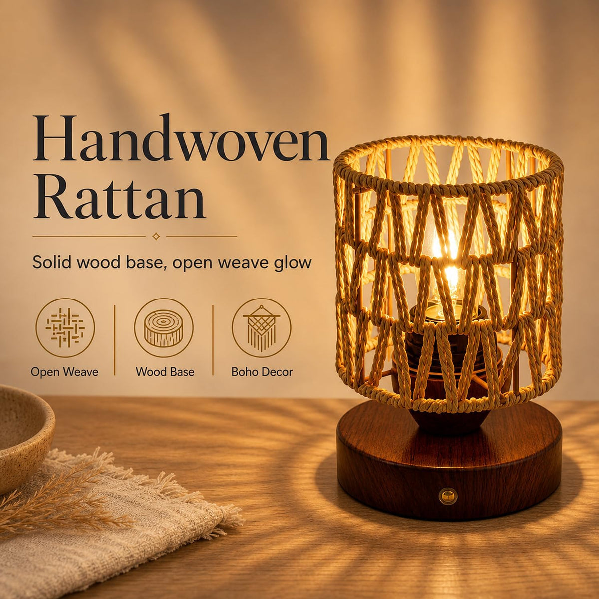 Small Rattan Table Lamp for Bedroom, Boho Bedside Lamp with Warm LED Bulb, Handwoven Wicker Nightstand Lamp for Nursery, Entryway & Dorm, Mini Ambient Night Light with Wood Base (8.6" Tall)