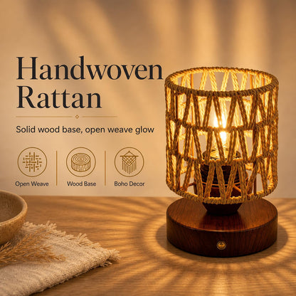 Small Rattan Table Lamp for Bedroom, Boho Bedside Lamp with Warm LED Bulb, Handwoven Wicker Nightstand Lamp for Nursery, Entryway & Dorm, Mini Ambient Night Light with Wood Base (8.6" Tall)