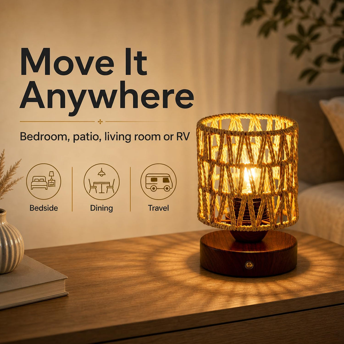 Small Rattan Table Lamp for Bedroom, Boho Bedside Lamp with Warm LED Bulb, Handwoven Wicker Nightstand Lamp for Nursery, Entryway & Dorm, Mini Ambient Night Light with Wood Base (8.6" Tall)