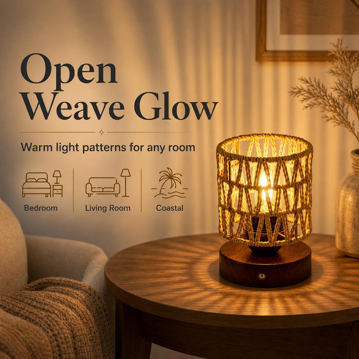 Small Rattan Table Lamp for Bedroom, Boho Bedside Lamp with Warm LED Bulb, Handwoven Wicker Nightstand Lamp for Nursery, Entryway & Dorm, Mini Ambient Night Light with Wood Base (8.6" Tall)