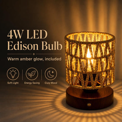 Small Rattan Table Lamp for Bedroom, Boho Bedside Lamp with Warm LED Bulb, Handwoven Wicker Nightstand Lamp for Nursery, Entryway & Dorm, Mini Ambient Night Light with Wood Base (8.6" Tall)