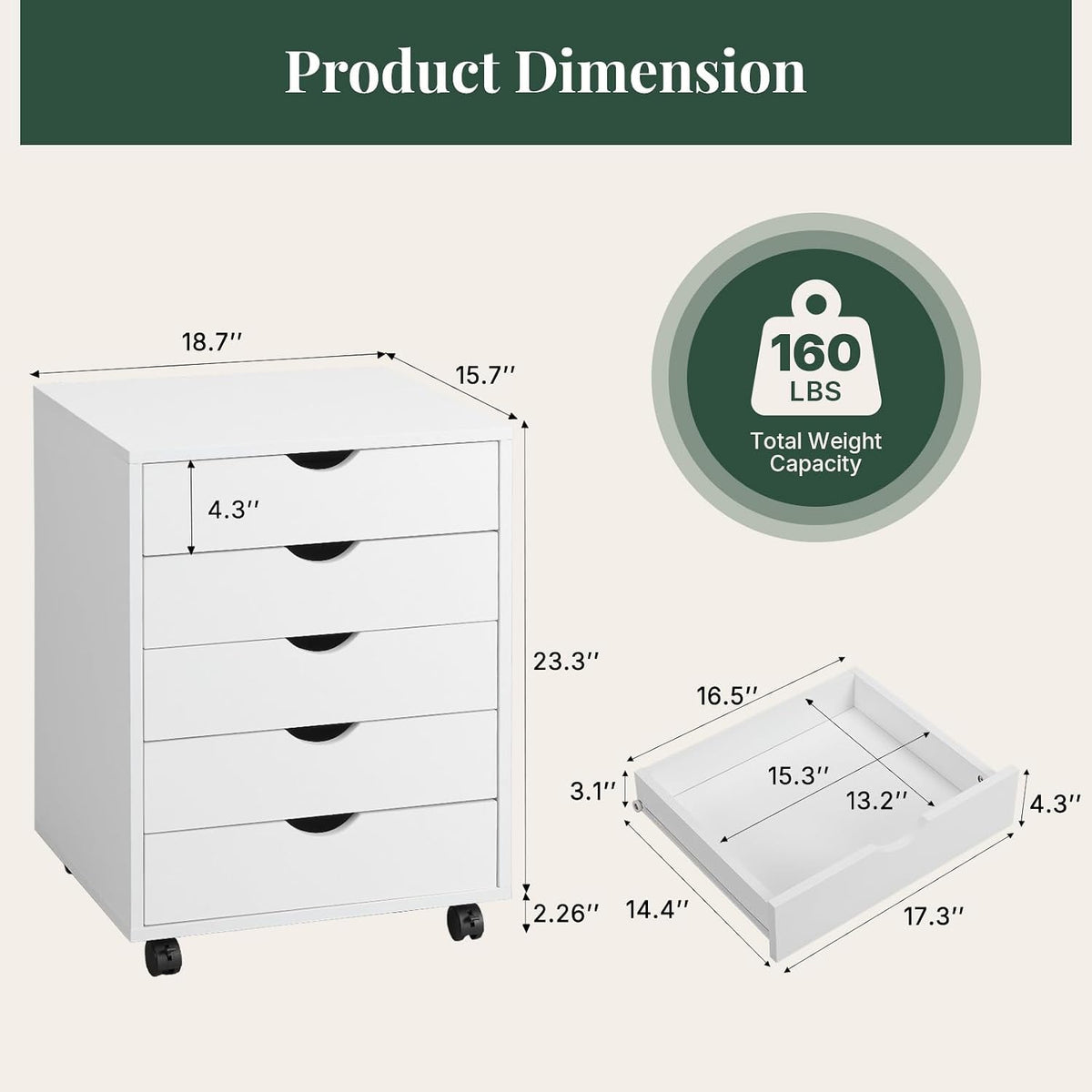 5 Drawer Mobile File Cabinet, Printer Stand with Wheels
