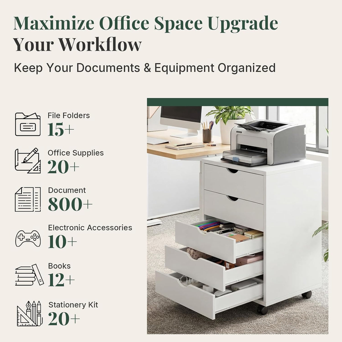 5 Drawer Mobile File Cabinet, Printer Stand with Wheels