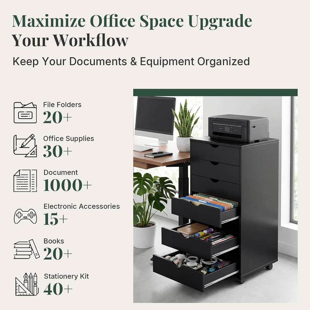 5 Drawer Mobile File Cabinet, Printer Stand with Wheels