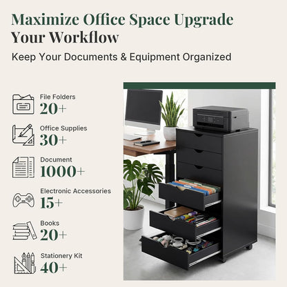 5 Drawer Mobile File Cabinet, Printer Stand with Wheels