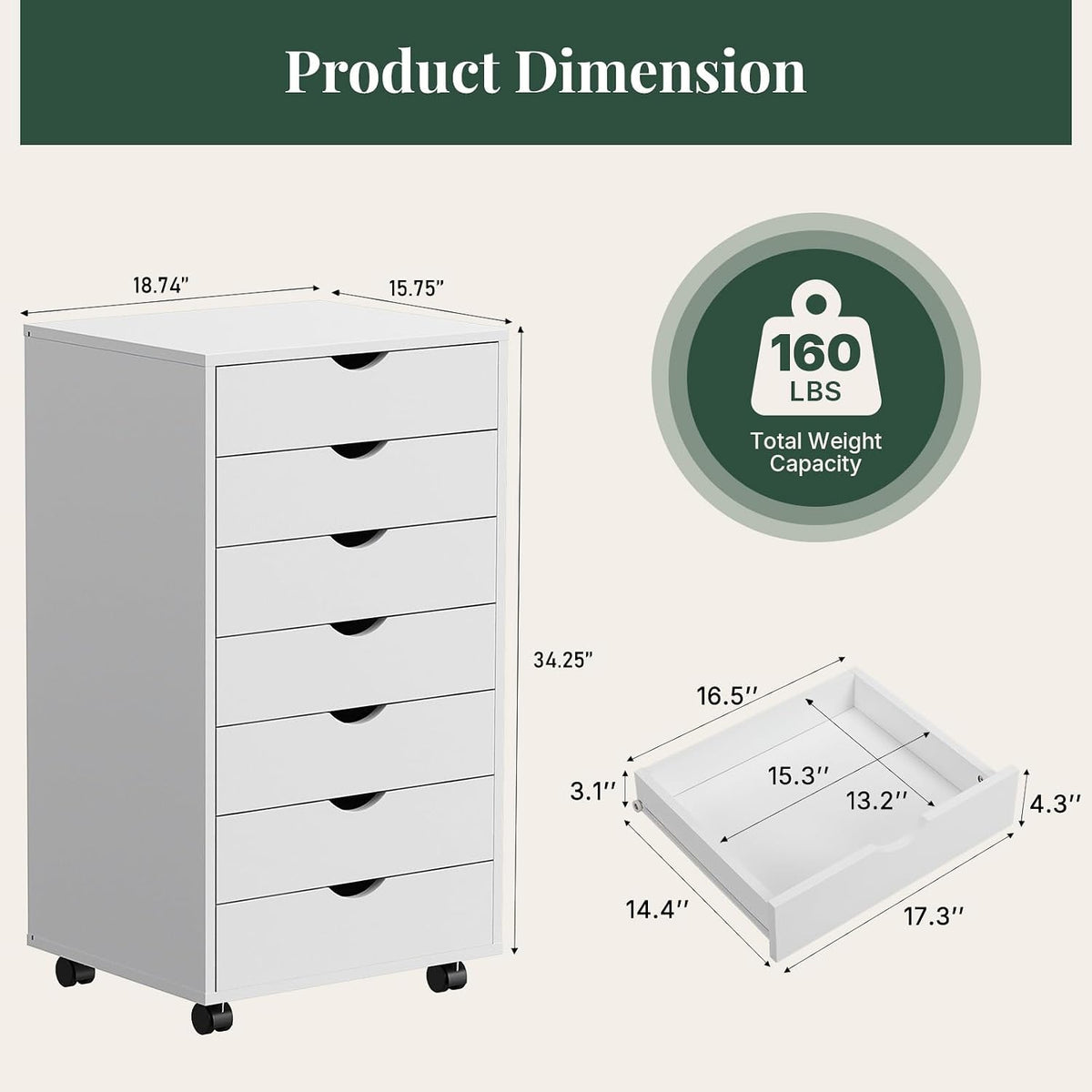 5 Drawer Mobile File Cabinet, Printer Stand with Wheels