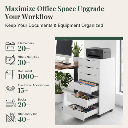 5 Drawer Mobile File Cabinet, Printer Stand with Wheels