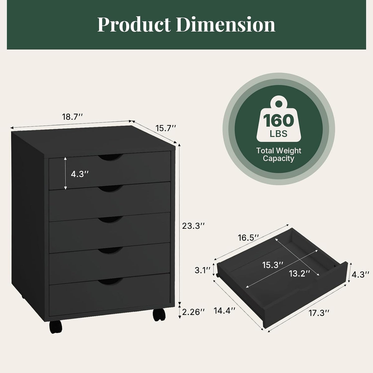 5 Drawer Mobile File Cabinet, Printer Stand with Wheels