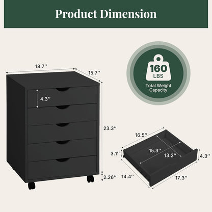 5 Drawer Mobile File Cabinet, Printer Stand with Wheels