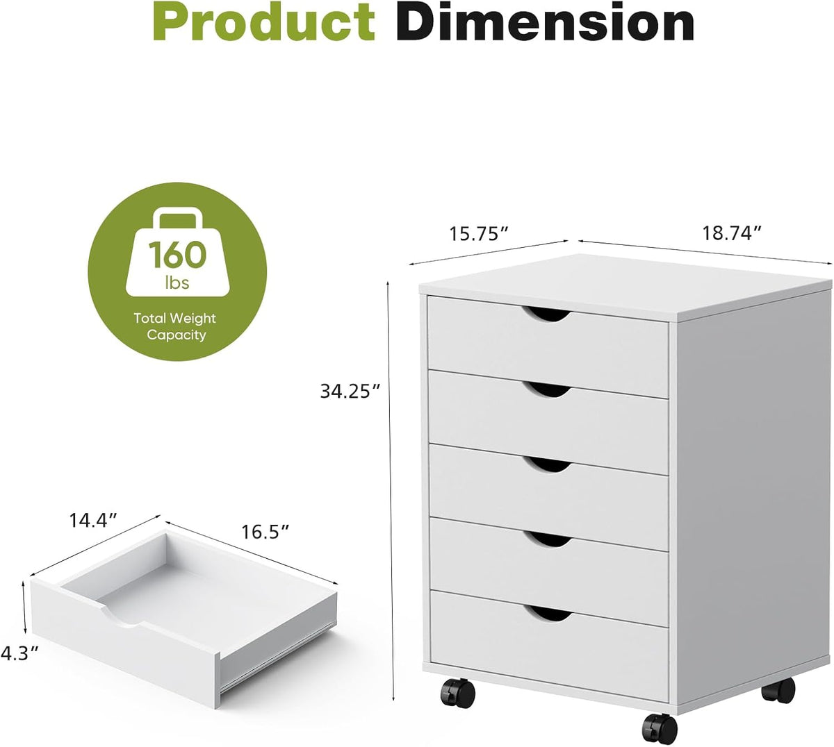 5 Drawer Mobile File Cabinet, Printer Stand with Wheels