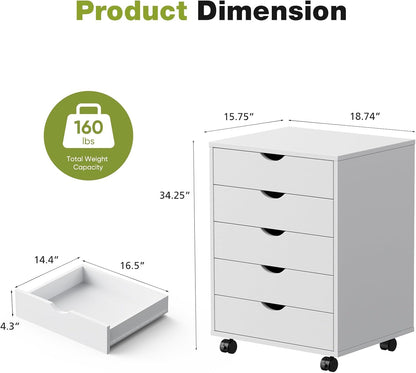 5 Drawer Mobile File Cabinet, Printer Stand with Wheels