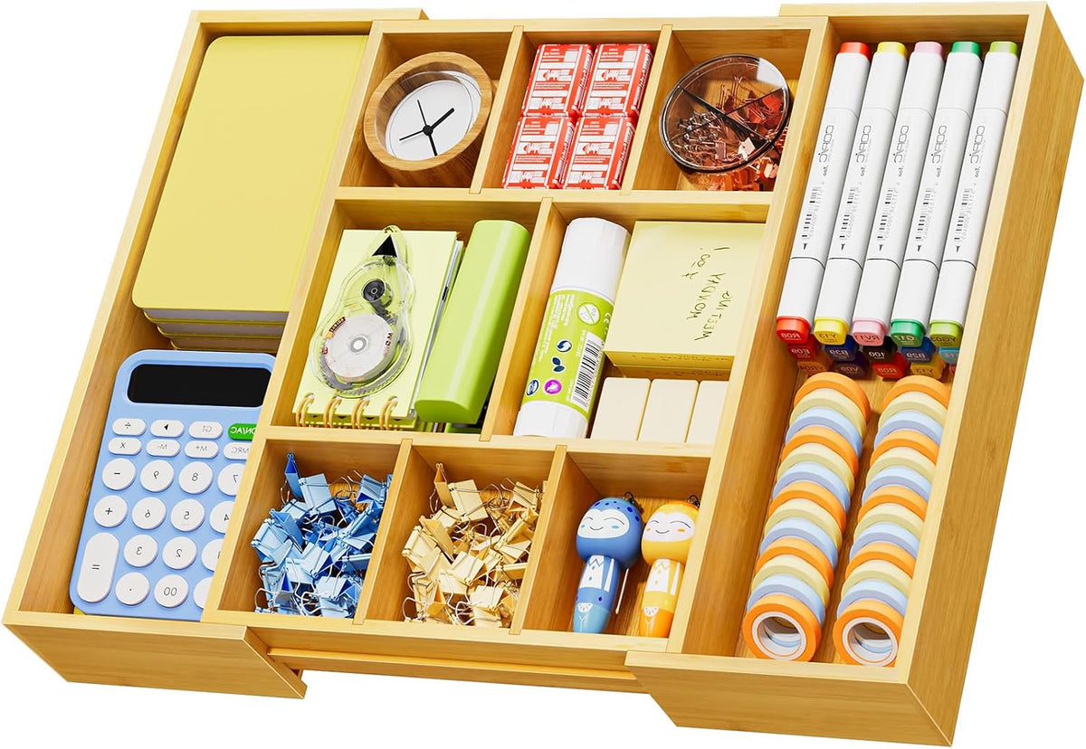 Bamboo Expandable Drawer Organizer, Desk Drawer Organizer Tray with 5 Dividers, Desk Organizers and Accessories, 10 Adjustable Compartments for Office Supplies, Junk, Makeup & Vanity