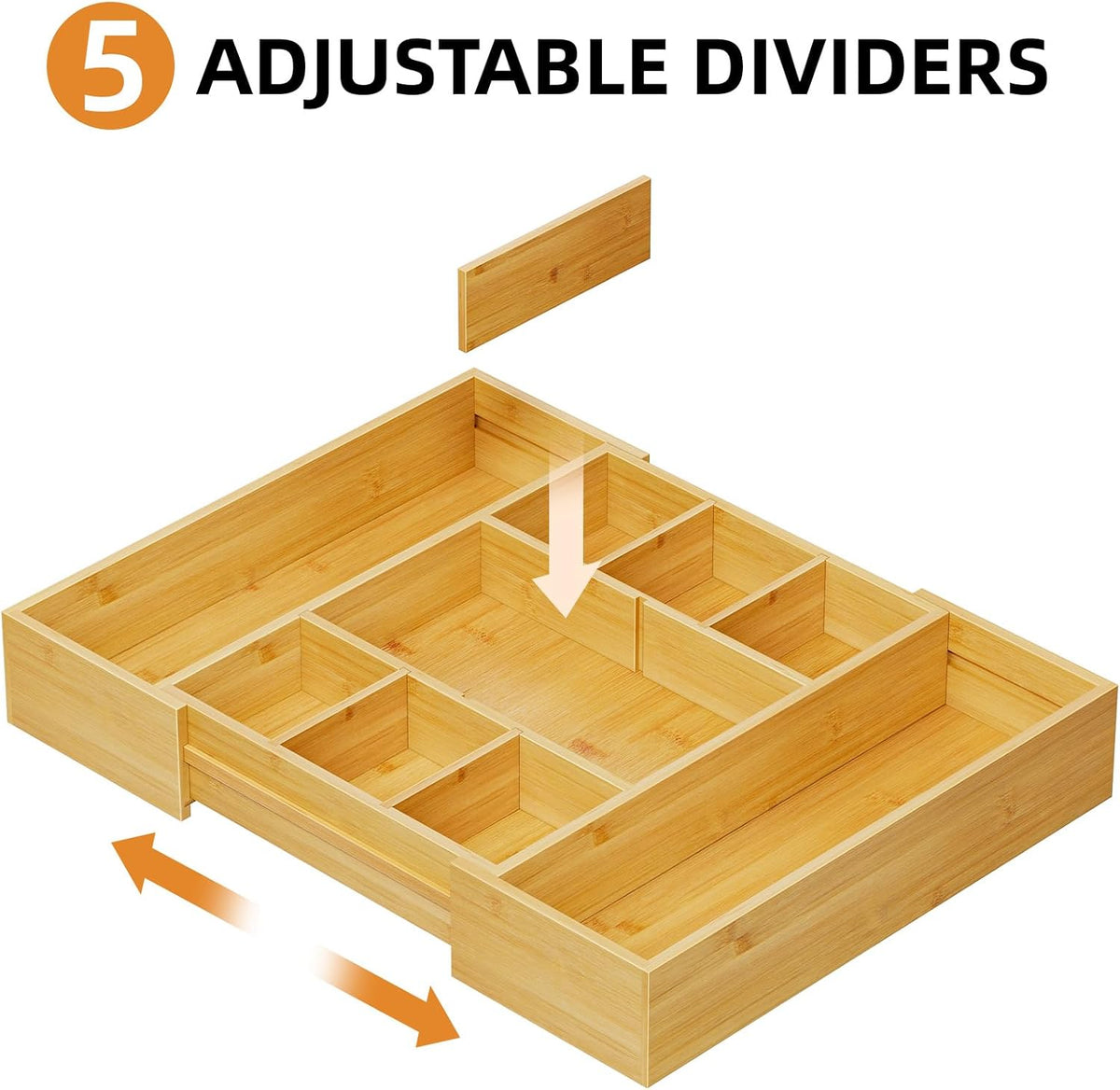 Bamboo Expandable Drawer Organizer, Desk Drawer Organizer Tray with 5 Dividers, Desk Organizers and Accessories, 10 Adjustable Compartments for Office Supplies, Junk, Makeup & Vanity