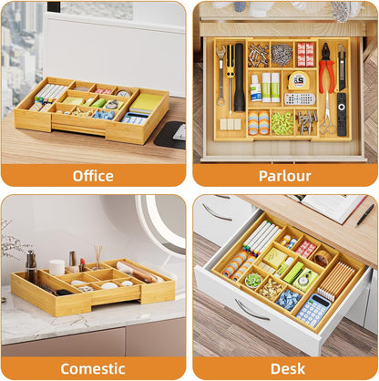 Bamboo Expandable Drawer Organizer, Desk Drawer Organizer Tray with 5 Dividers, Desk Organizers and Accessories, 10 Adjustable Compartments for Office Supplies, Junk, Makeup & Vanity