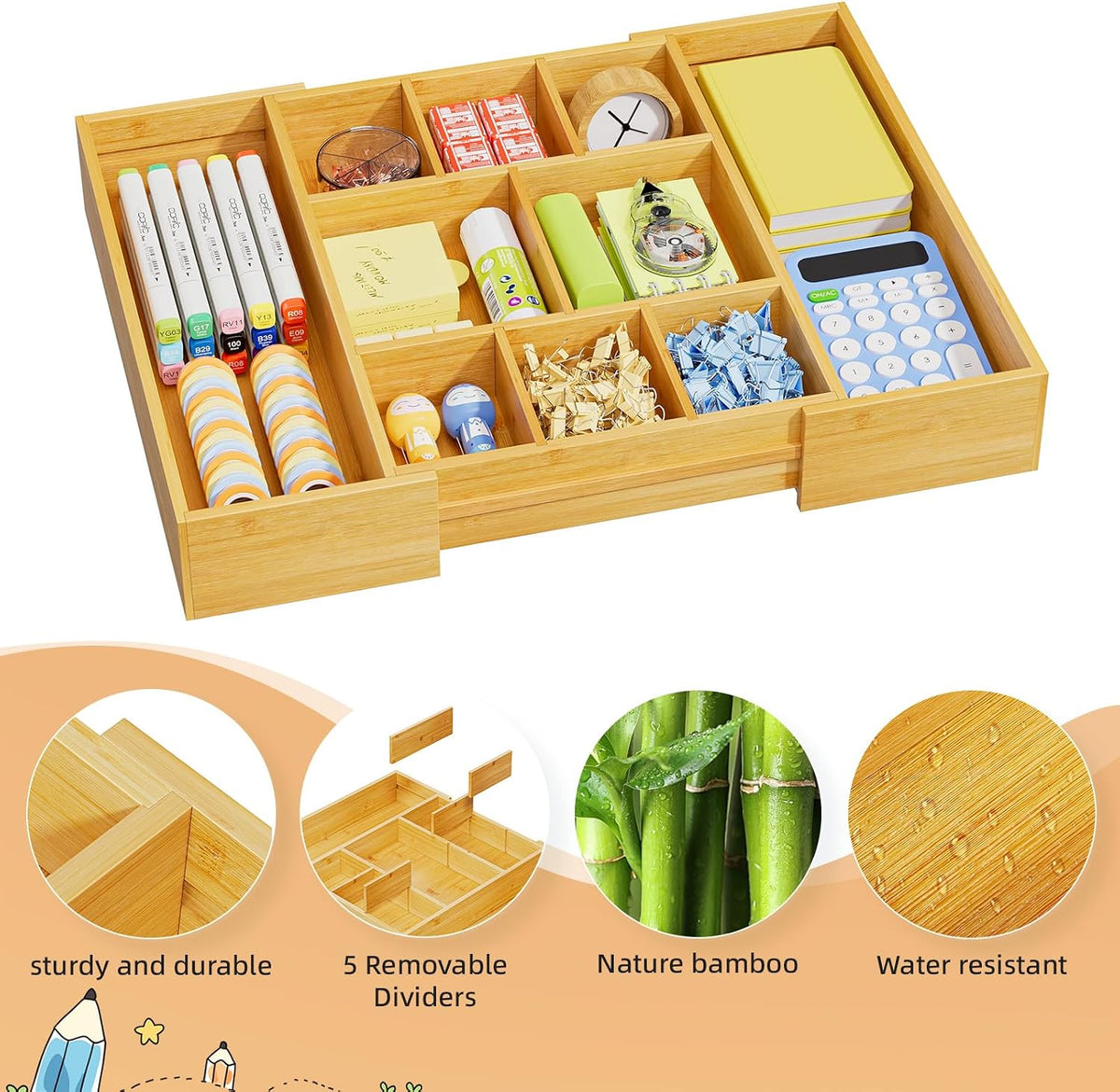 Bamboo Expandable Drawer Organizer, Desk Drawer Organizer Tray with 5 Dividers, Desk Organizers and Accessories, 10 Adjustable Compartments for Office Supplies, Junk, Makeup & Vanity