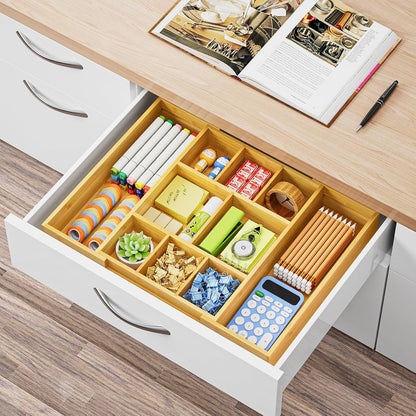 Bamboo Expandable Drawer Organizer, Desk Drawer Organizer Tray with 5 Dividers, Desk Organizers and Accessories, 10 Adjustable Compartments for Office Supplies, Junk, Makeup & Vanity