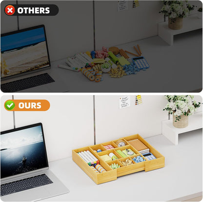 Bamboo Expandable Drawer Organizer, Desk Drawer Organizer Tray with 5 Dividers, Desk Organizers and Accessories, 10 Adjustable Compartments for Office Supplies, Junk, Makeup & Vanity
