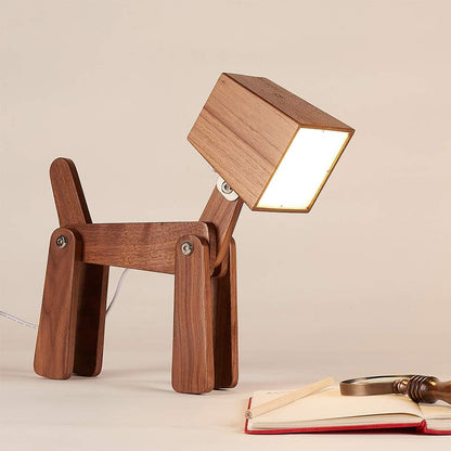 Super Cute Wood Dog Table Lamp for Room Bedroom Bedside, Walnut