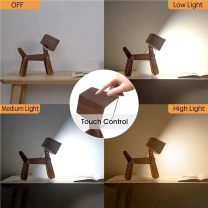 Super Cute Wood Dog Table Lamp for Room Bedroom Bedside, Walnut