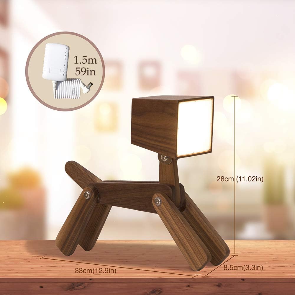 Super Cute Wood Dog Table Lamp for Room Bedroom Bedside, Walnut
